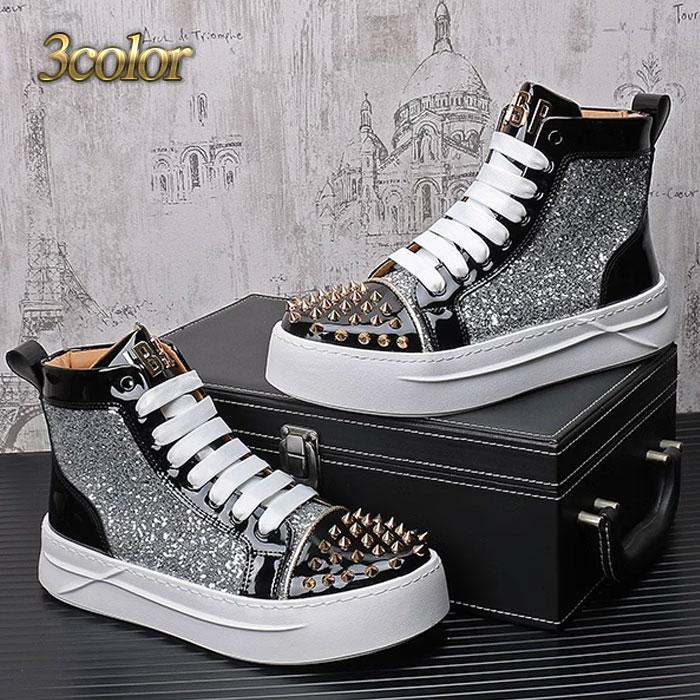 スニーカー メンズ ハイカット カジュアル スタッズ メタリック