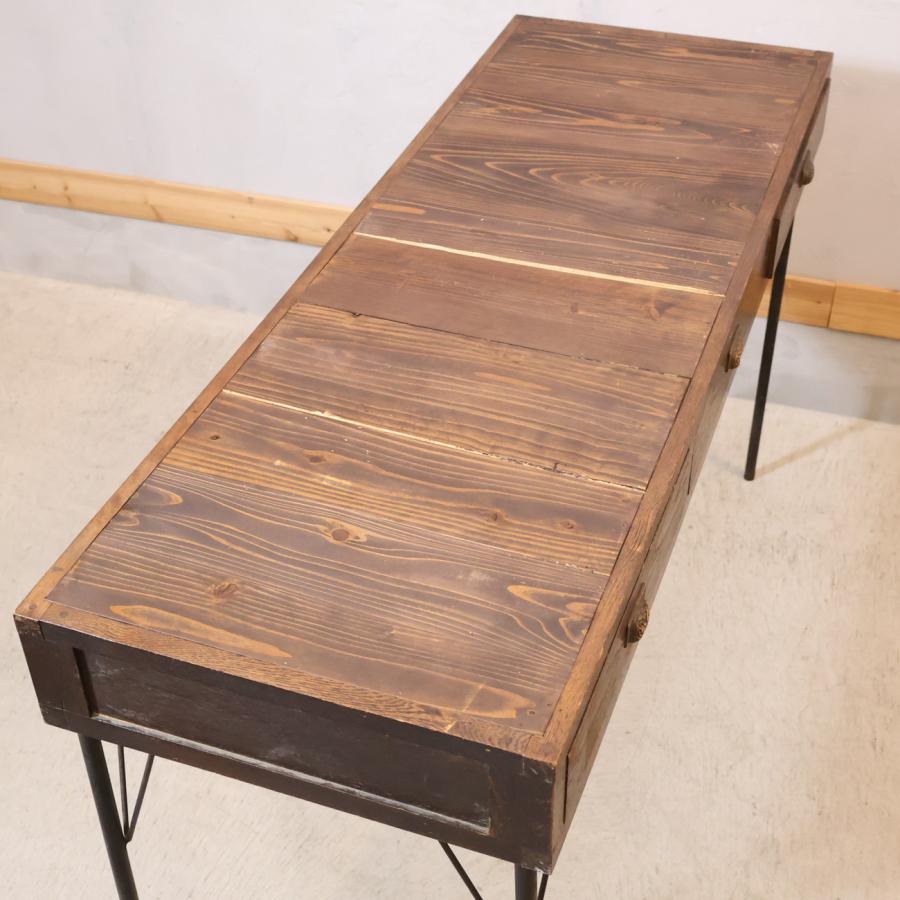 ヴィンテージ調 コンソールデスク ヒノキ古材 作業台 アイアン 机 檜古