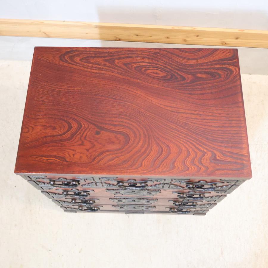 岩谷堂箪笥 欅材 漆塗り 4段チェスト 牡丹模様 南部鉄器 6杯整理タンス