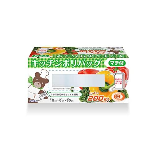 オルディ 使い捨て 高密度ポリエチレン (HDPE) キッチンポリ袋 食品保存袋 半透明 200枚入 マチ付き 縦35×横19×マチ幅6cm 厚 | 