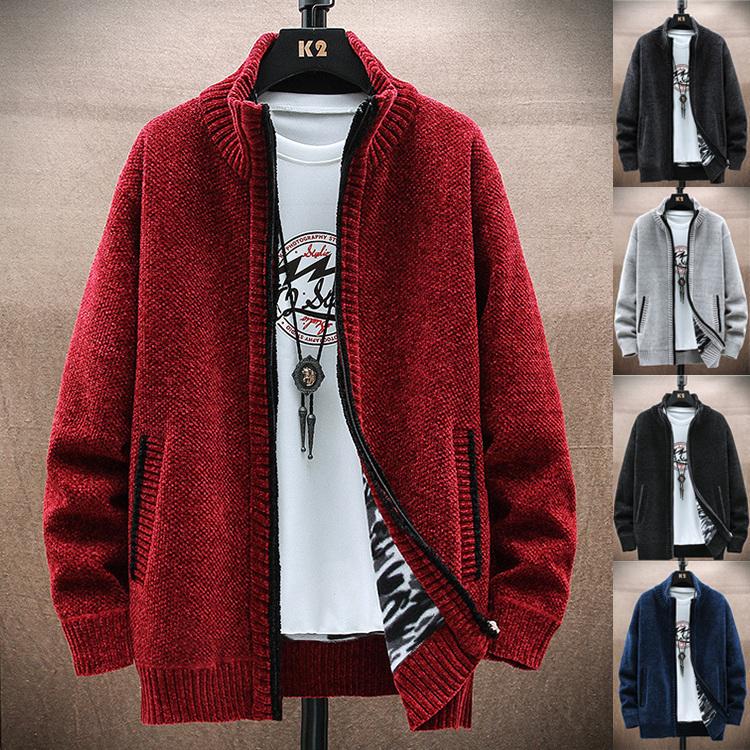 ニットカーディガン メンズ ニットセーター 防寒ジャケット 厚手 裏起毛 無地 立ち襟 アウター 春 暖かい 最大79 オフ