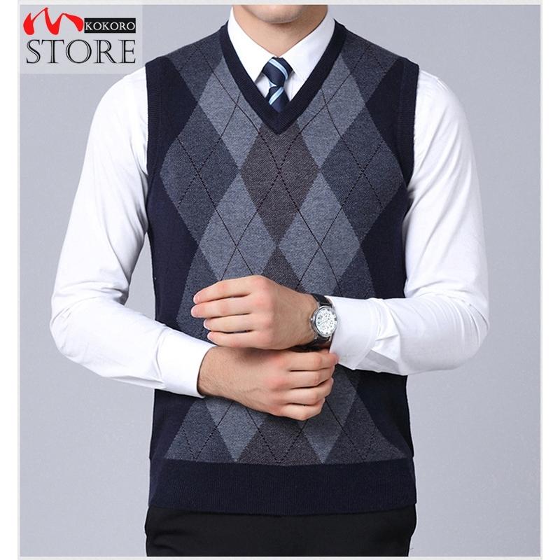 店 ニットベスト メンズベスト おしゃれ Vネック トップス ビジネスベスト 春 菱柄 プルオーバー 父の日 カジュアル 暖かい