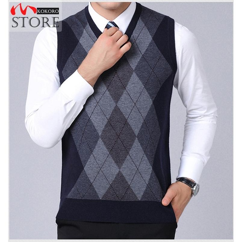 店 ニットベスト メンズベスト おしゃれ Vネック トップス ビジネスベスト 春 菱柄 プルオーバー 父の日 カジュアル 暖かい
