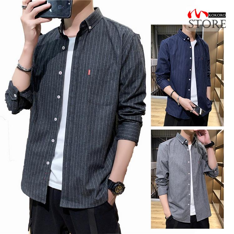 カジュアルシャツ メンズ ストライプ柄 ボタンダウンシャツ トップス 長袖 シャツ 細身 ファッション 10代 代 30代 秋物 C 心store 通販 Yahoo ショッピング