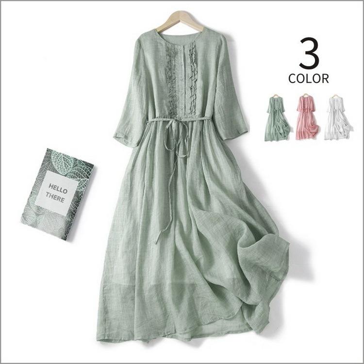 ワンピース レディース 半袖ワンピース 綿麻 リネンワンピ ロングワンピー ゆったり 着痩せ 夏 100 安い