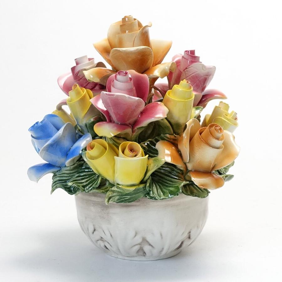 イタリア製 バラ モチーフ 陶花 バスケット入り ミックス ローズ アレンジメント 陶器製 薔薇 置物 s24flg6967860癒しの