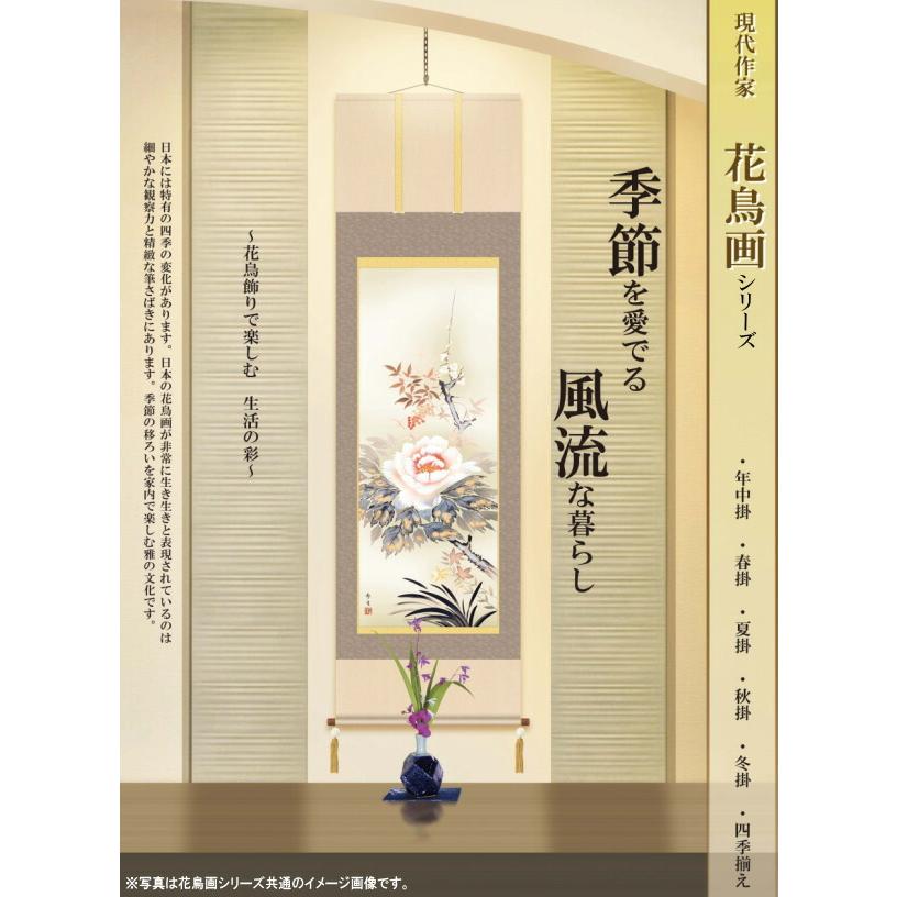 正絹 掛け軸 花鳥画 年中掛け 吉井蘭月 名花繚乱 正絹緞子本表装 尺5