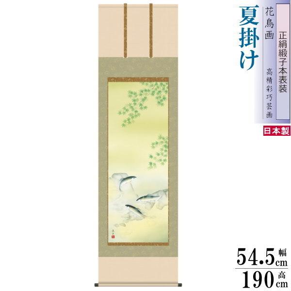 正絹 掛け軸 花鳥画 夏掛け 依田流石 楓に鮎 正絹緞子本表装 尺5 桐箱入り 1個 日本製 送料無料 名画複製 掛軸 夏飾り 清涼感 日本画 高級感 筋廻し