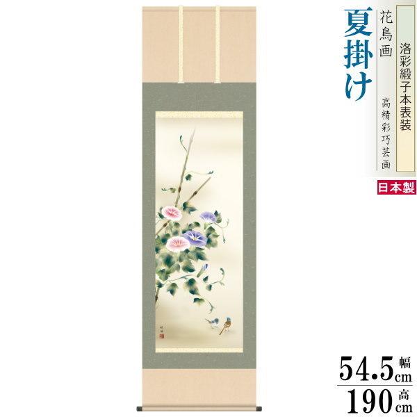 掛け軸 花鳥画 夏掛け 田村竹世 朝顔 洛彩緞子本表装 尺5 桐箱入り 1個