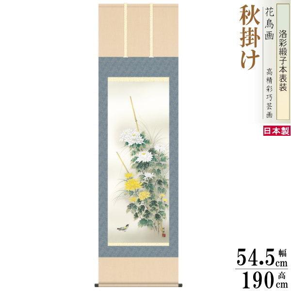 掛け軸 花鳥画 秋掛け 田村竹世 菊花 洛彩緞子本表装 尺5 桐箱入り 1個