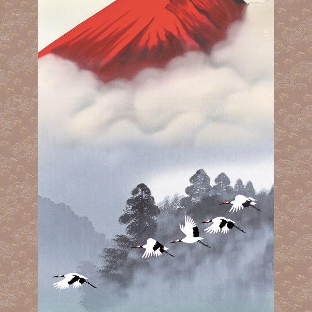 掛け軸 富士山水 年中掛け 鈴村秀山 富士山 赤富士飛翔 洛彩緞子本表装