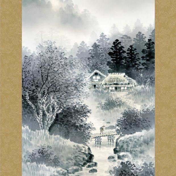 【鑑定書付】水墨画　水墨山水　掛け軸 高橋晨「水墨山水」掛軸（尺八立） | 吉村唐木店 WEBSHOP