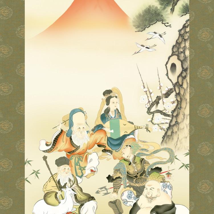 掛け軸 開運画 縁起物 長江桂舟 尺5サイズ吉祥七福神吉祥之図 洛彩緞子