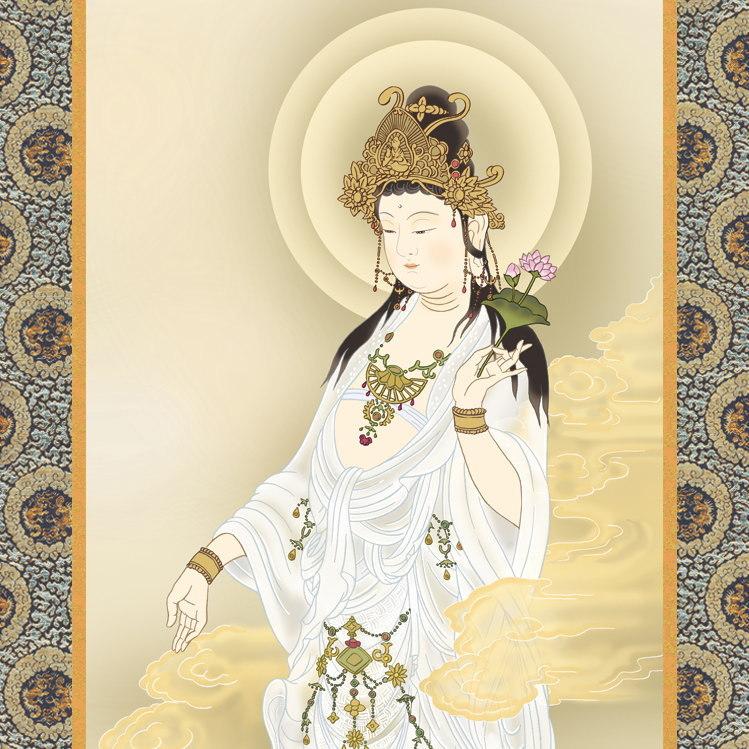 掛け軸 仏事画 白衣観音 浮田秋水 金襴沸表装 筋廻仕様 尺5 桐箱入 1個