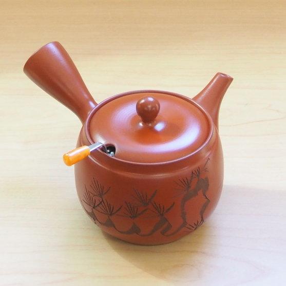 常滑急須 日本製 急須 常滑 朱泥 つぼ丸型松彫 容量420cc ポイポイ網