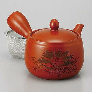 常滑急須 日本製 急須 常滑 朱泥 福型牡丹 容量360cc かごあみ付き