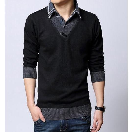 重ね着風チェック柄オシャレ メンズ ニットセーター春秋冬新作フェイクシャツ付き 長袖ニット フェイクレイヤード通学 普段着 紳士 ｖネック カットソー K1347 岡村洋品店 通販 Yahoo ショッピング