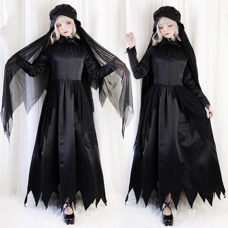 ハロウィン コスプレ ゾンビ花嫁ドレス 黒 魔女 悪魔 吸血鬼 ヴァンパイア 仮装 変装 長袖マキシ丈ワンピース ロングベール付き帽子 2点セット Sy1498 岡村洋品店 通販 Yahoo ショッピング
