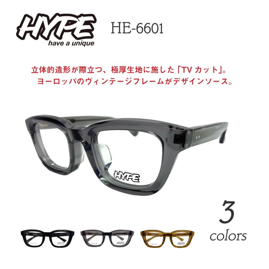 度付き メガネ HYPE HE-6601 ウエリントン 軽量 太い 太縁 厚セル 近視