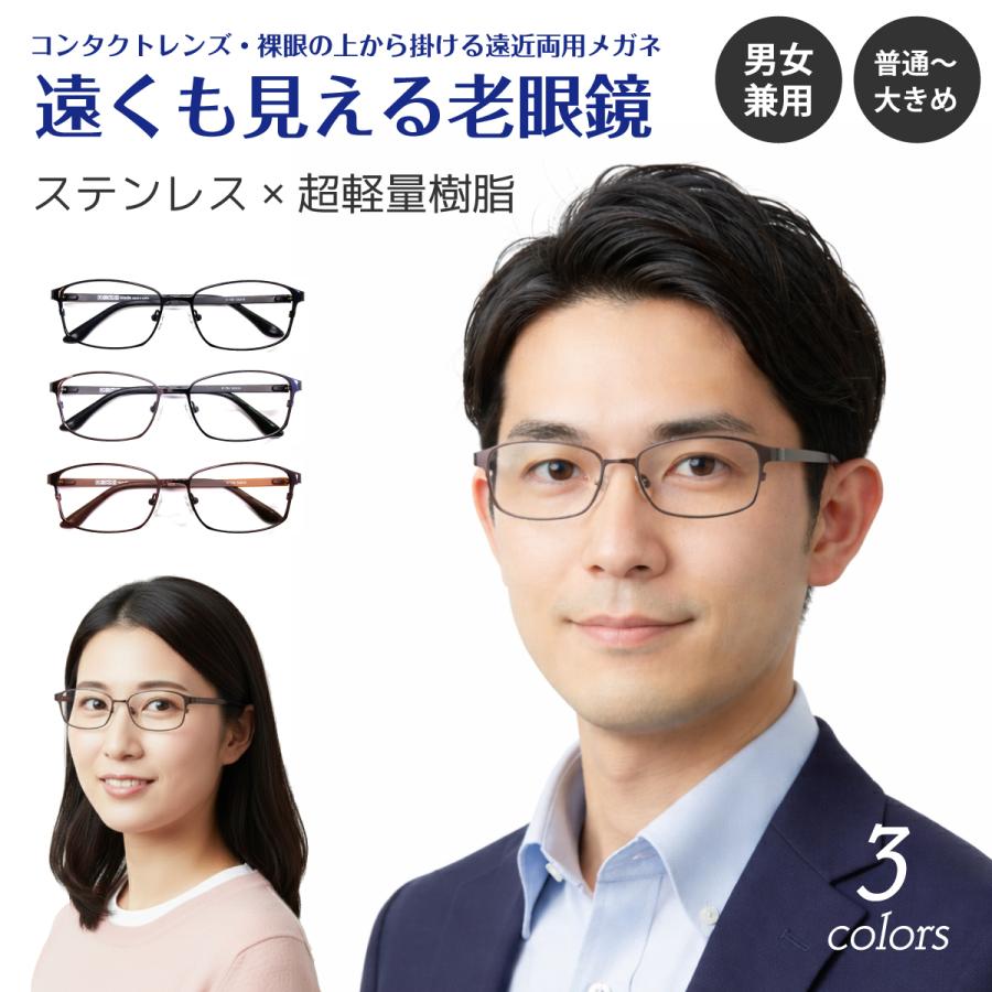 遠くも見える 老眼鏡 遠近両用 メガネ スクエア ステンレス製