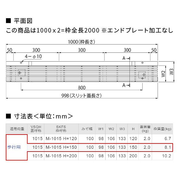 カネソウ U字溝用スリットみぞ蓋 ステンレス スリット枠付（エンド枠なし） P=14 H150 L2000 VSQH_2