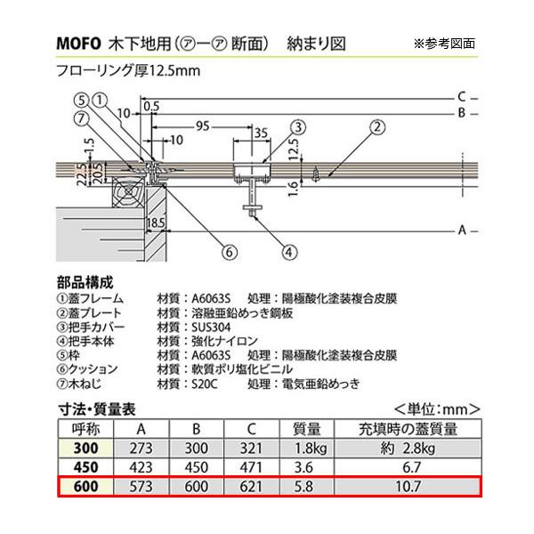 カネソウ フロアーハッチ 600 フローリング床材用 一般形 アルミニウム＋スチール製 アルミニウム目地 落し込み把手 屋内用 MOFO-600-12.5 床下点検口_2