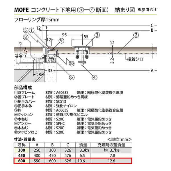 カネソウ フロアーハッチ 600C フローリング床材用 一般形 アルミニウム＋スチール製 アルミニウム目地 落し込み把手 屋内用 コンクリート下地用 MOFE-600C-15_2