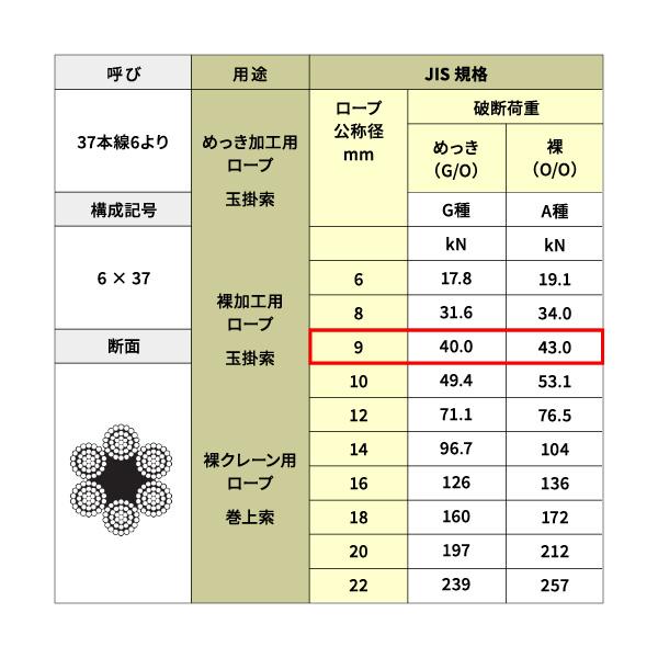 ワイヤーロープ 鉄 メッキ JIS 径9mm 100M 【6×37】 : あかばね金物 