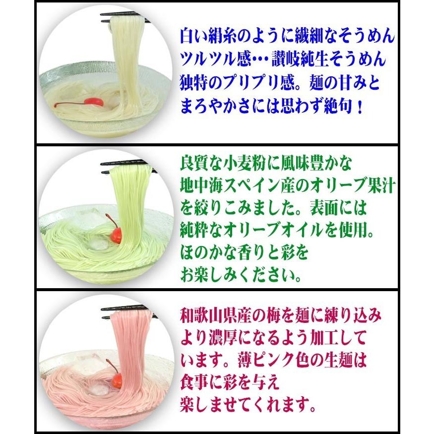 送料無料 純白、オリーブ、梅、3種の讃岐純生そうめん6人前【ネコポス