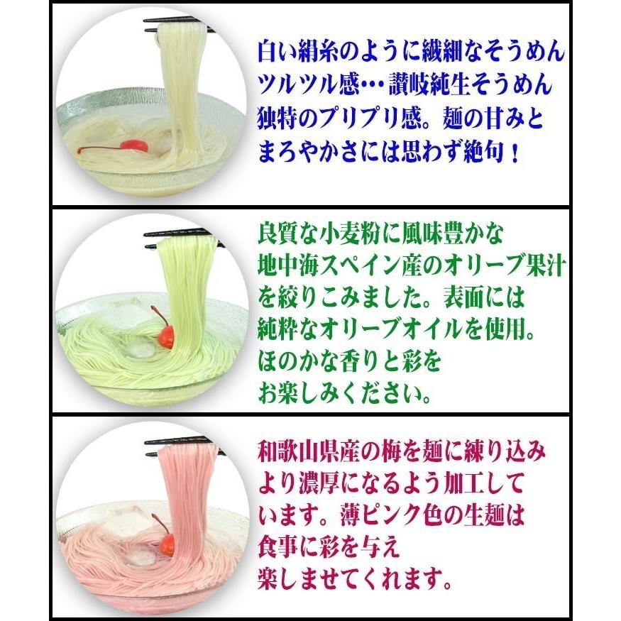 送料無料 純白、オリーブ、梅、3種の讃岐純生そうめん18人前つゆ付き【宅配便】｜komatuyamenbox｜05