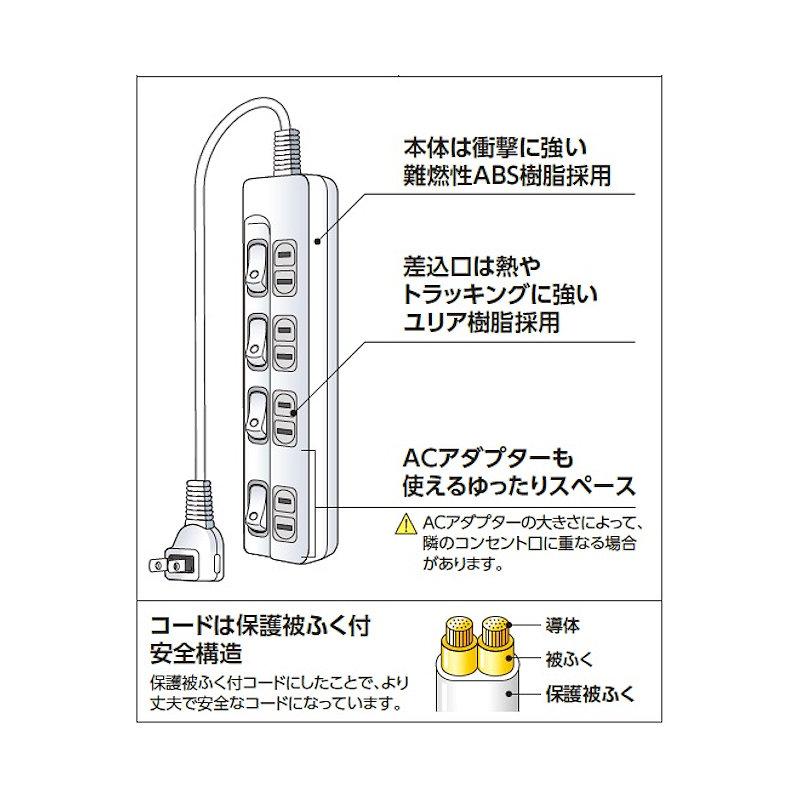 Jenix（ジェニックス） スイッチ付タップ 4個口 1．5m L型