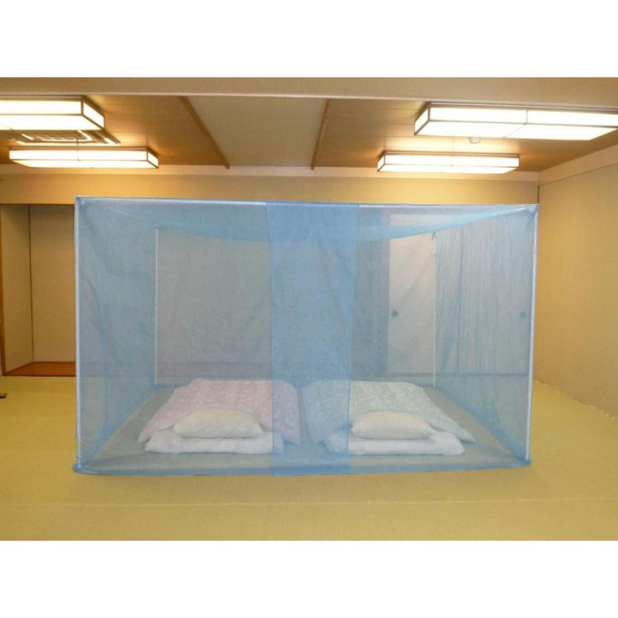 西川 6X8 麻製 御誂蚊帳 青と白ストライプ 自立スタンド式蚊帳 ブルー シングル 120×230×高さ190cm