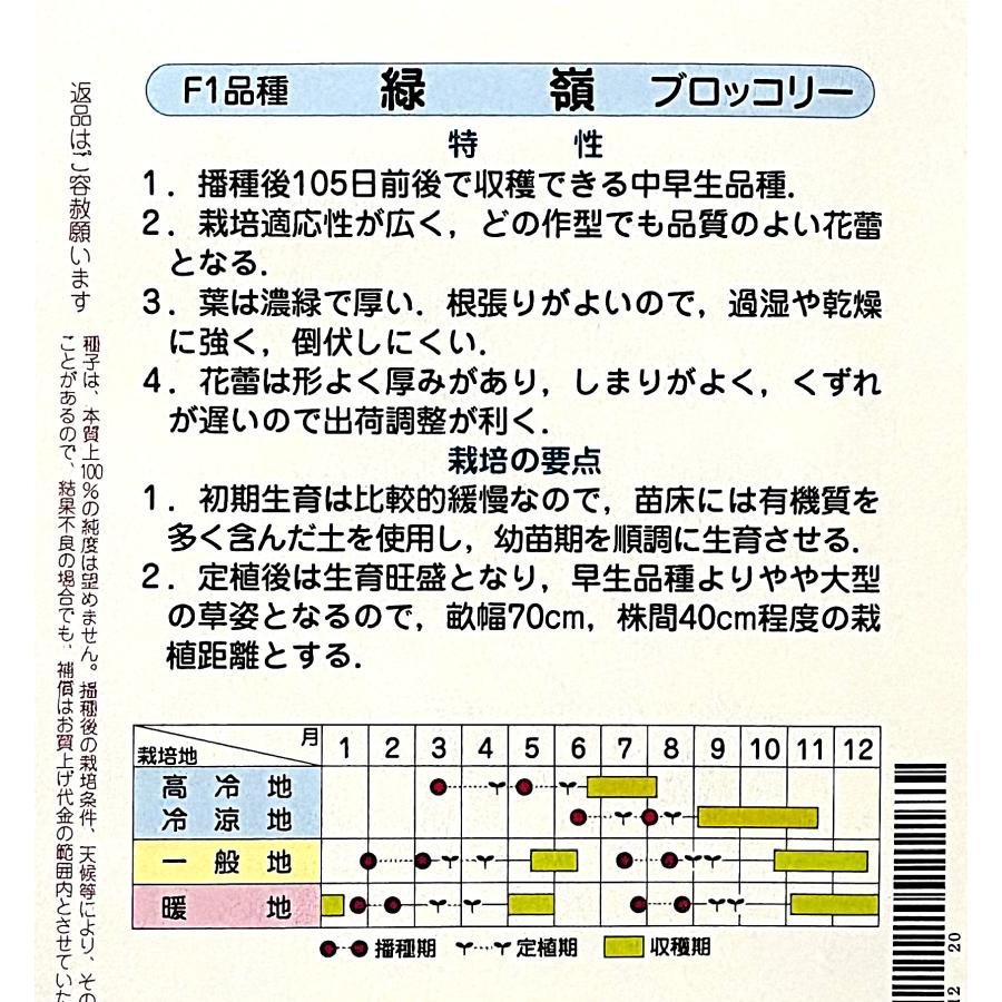 3袋以上でクーポン割引 緑嶺ブロッコリー 種 0.7ml 送料無料 小袋