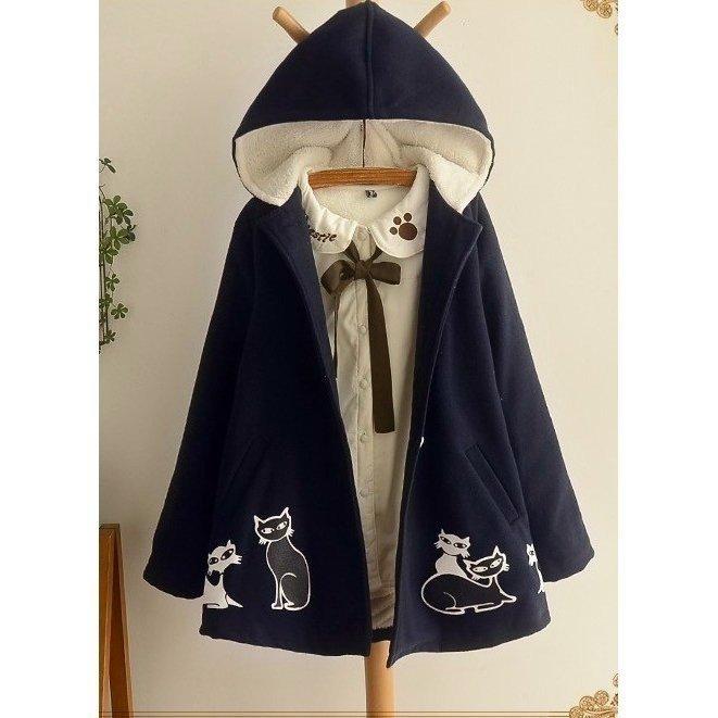 森ガール風コートレディースかわいい猫刺繍フードパーカー Aライン中綿入アウターpコート お嬢様風 レディースアウターボア付き裏起毛ジャケット Ful コミリーショップ 通販 Yahoo ショッピング