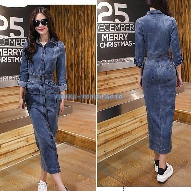 デニムワンピース タイト 大人 シンプル かっこいい 長袖 ミモレ丈 ロング デニム ワンピース Mto 197 コミリーショップ 通販 Yahoo ショッピング