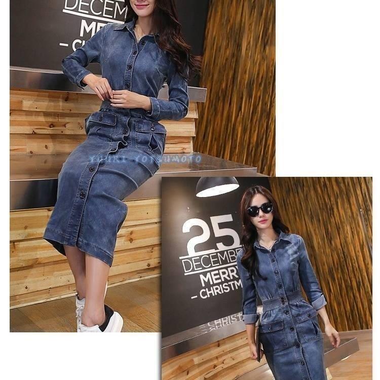 デニムワンピース タイト 大人 シンプル かっこいい 長袖 ミモレ丈 ロング デニム ワンピース Mto 197 コミリーショップ 通販 Yahoo ショッピング