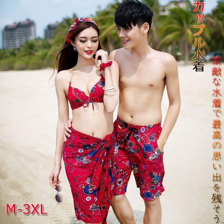 ペア水着 カップル 恋人水着 メンズ レディース レッド花柄 サーフ パンツ リゾートセットビキニ 海水浴 温泉 旅行 スイムウェア 可愛い 人気 P コミリーショップ 通販 Yahoo ショッピング