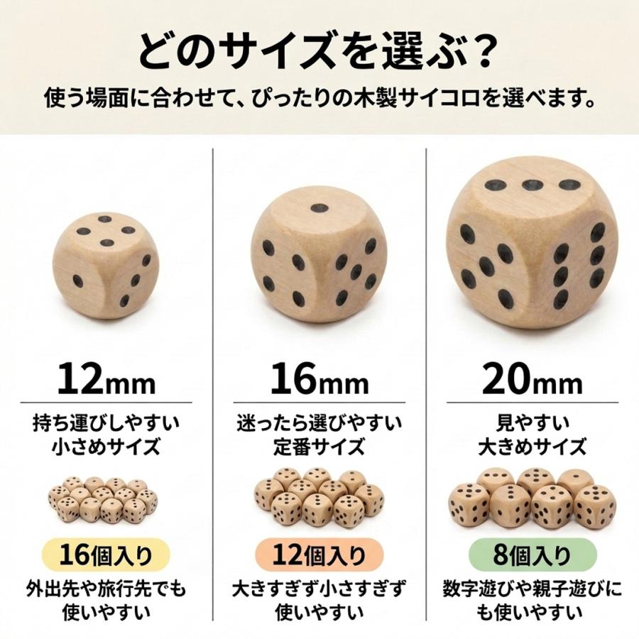 サイコロ 木製 木 12mm 16mm 20mm かわいい 癒やし すごろく サイコロ