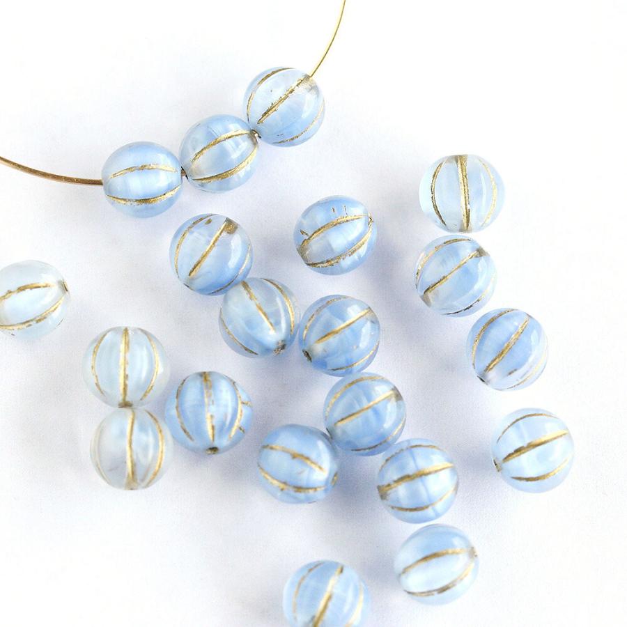 チェコビーズ メロンビーズ 約8mm ゴールドライン入り オパールブルー