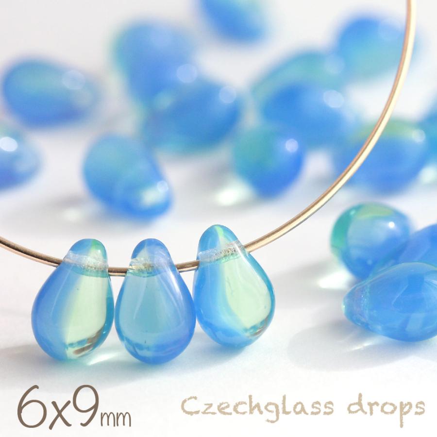 チェコビーズ ドロップ 6×9mm バイカラー ブルーオパール×スプリング