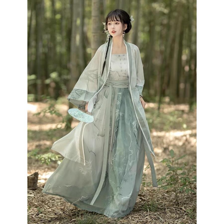 中華風チャイナドレス 竹柄 紺系 緑系オリジナル漢服 中国伝統