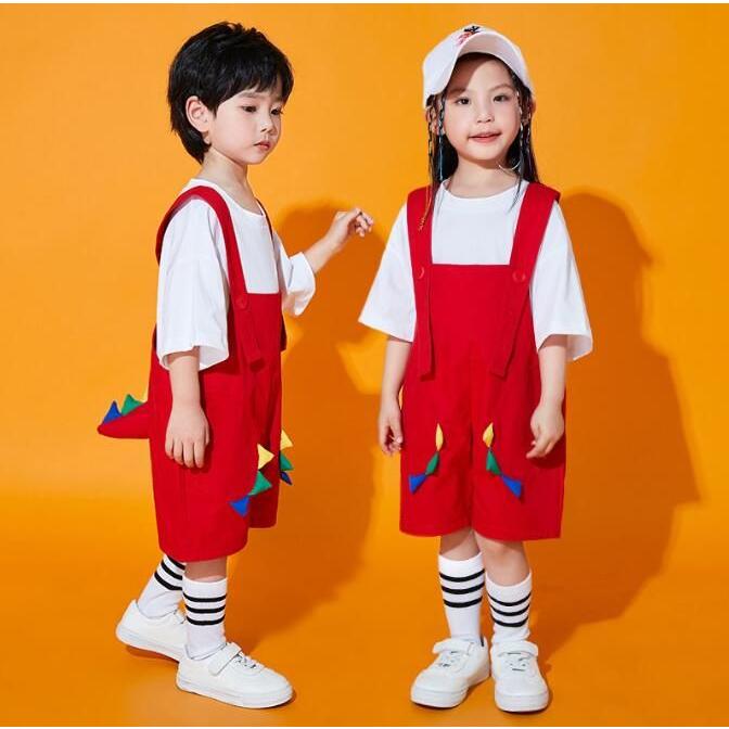 サロペット 子供服 ダンス衣装 恐竜 赤緑青の尻尾付 子供 オーバーオール＋半袖Tシャツ2点セット 動物 演出衣装 ヒップホップダンス 衣装 ショートパンツ キッズ｜komudoristore｜02