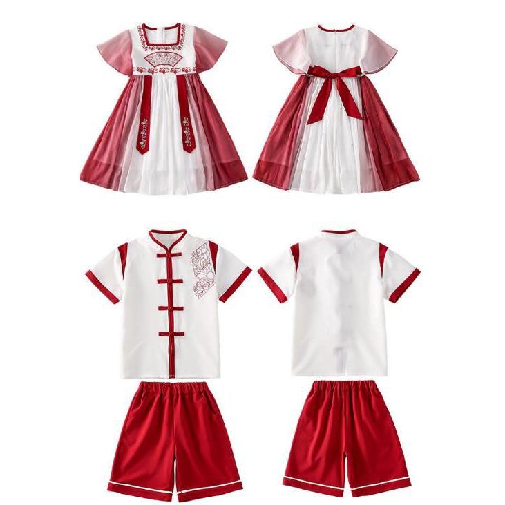 子供服 夏服 チャイナ服 半袖 ショートパンツセット 半袖チャイナドレス シフォン チュチュ 配色 白赤系 キッズ 漢服 カンフー 中華服 華流 学園祭 発表会 演奏｜komudoristore｜07