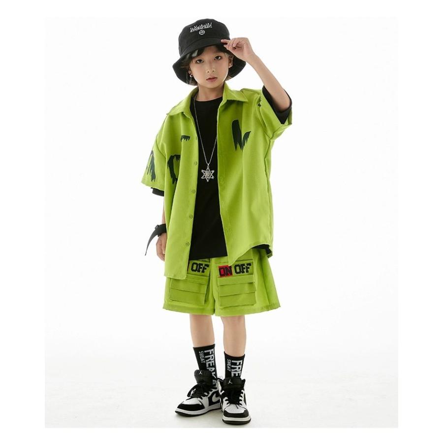 ヒップホップ 衣装 キッズダンス衣装 セットアップ 韓国 子供ダンス服 派手 黄緑 黒 K-POP hiphop 男の子 ガールズ ダンス衣装 キッズ シャツ パンツ｜komudoristore｜09