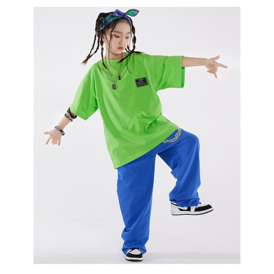 ヒップホップ 衣装 キッズダンス衣装 セットアップ 韓国 子供ダンス服 派手黄緑 青 K-POP hiphop 男の子 ガールズ ダンス衣装 キッズ Tシャツ パンツ｜komudoristore｜07