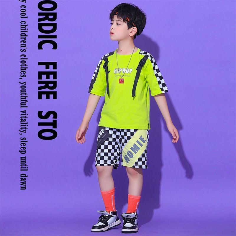 キッズ ダンス衣装 セットアップ Tシャツ 半袖 ハーフ パンツ 男の子 ネオンカラー 韓国子供服 ダンス衣装 ヒップホップ ジャズダンス ダボダボ ゆったり｜komudoristore｜02