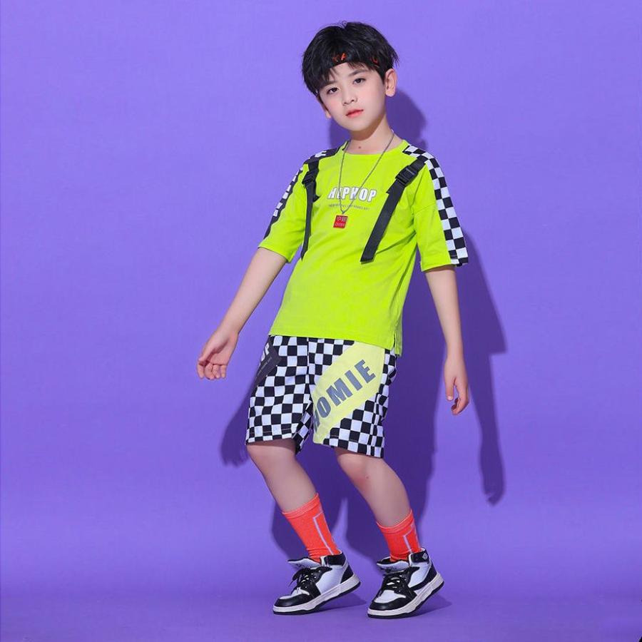 キッズ ダンス衣装 セットアップ Tシャツ 半袖 ハーフ パンツ 男の子 ネオンカラー 韓国子供服 ダンス衣装 ヒップホップ ジャズダンス ダボダボ ゆったり｜komudoristore｜04