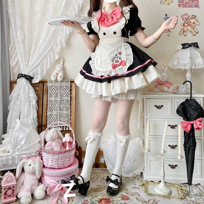 大人 メイド服 可愛いロリータワンピース パープル 猫爪柄 大人 メイド服 可愛いロリータワンピース パープル 猫爪柄