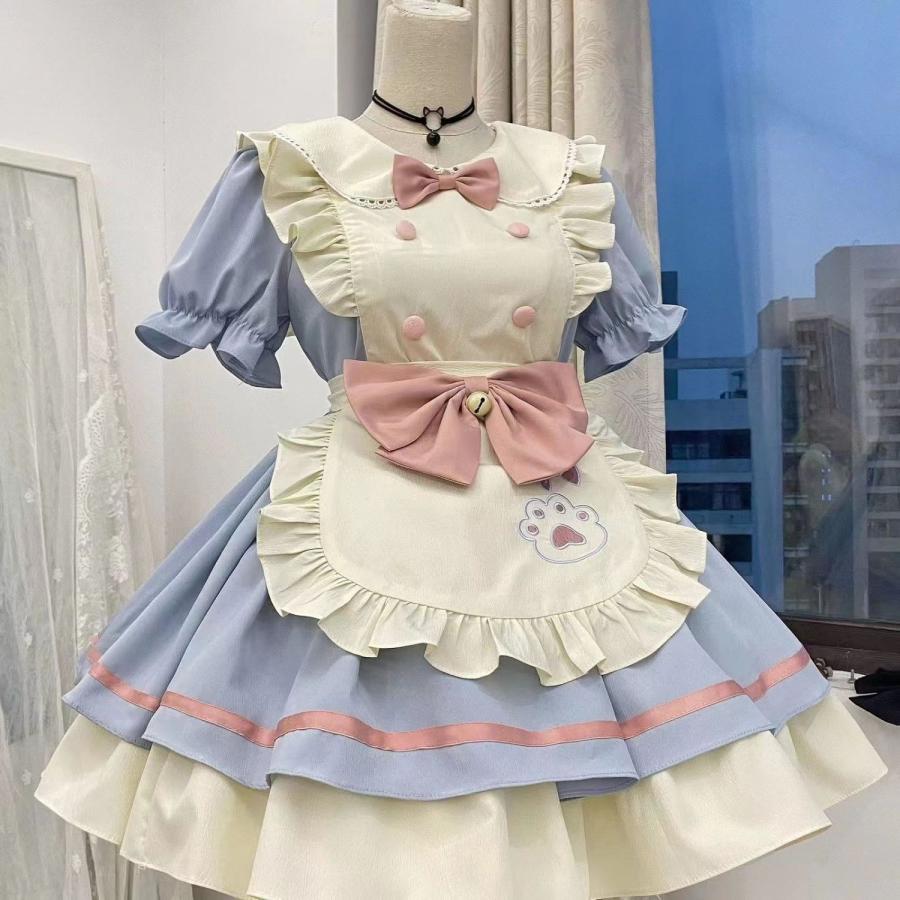大人 メイド服 可愛いロリータワンピース パープル 猫爪柄 大人 メイド服 可愛いロリータワンピース パープル 猫爪柄