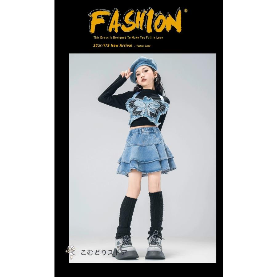 ダンス衣装 セットアップ ガールズ ヒップホップ ファッション K-POP 韓国 ダンスウェア キッズダンス衣装 トップス ビスチェ ベスト デニムパンツ 黒 デニム｜komudoristore｜02